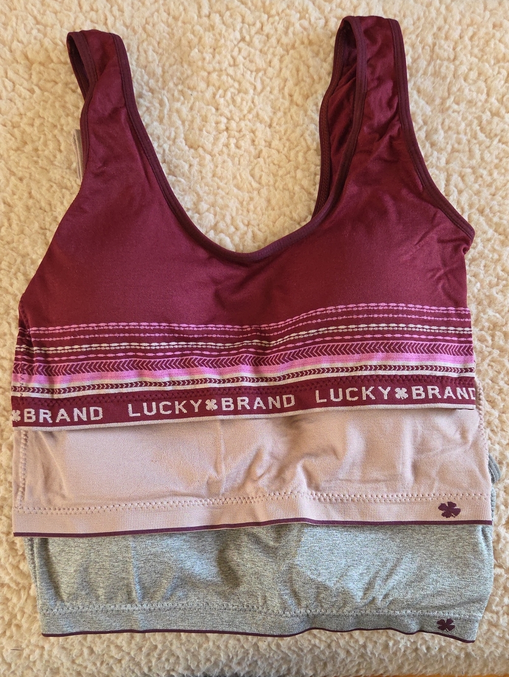 Lucky Brand (Set Of 3) Seamless Bralette in Burgundy, Beige & Gray New w/o Tags
